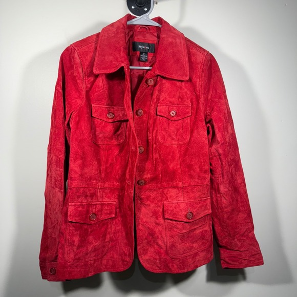 Style & Co. Womens Suede Leather Jacket Red Button Front Pockets M - Picture 1 of 7